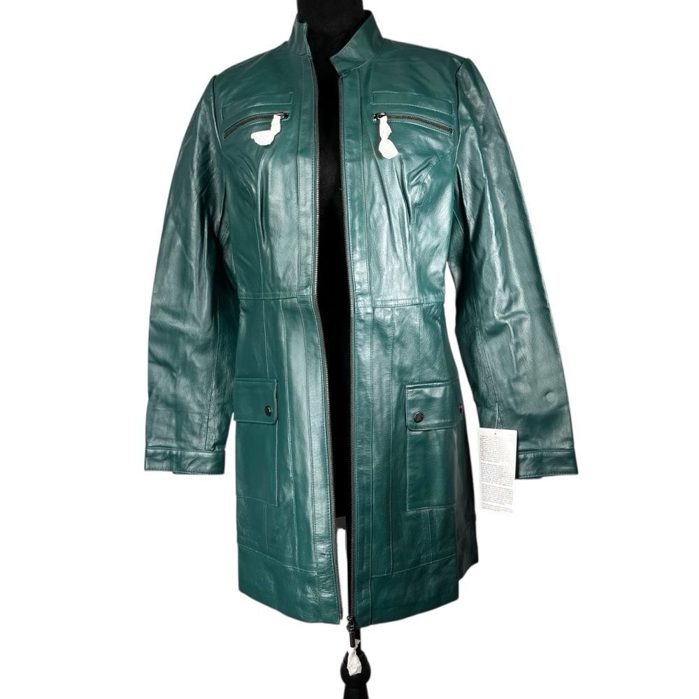 Metrostyle Green Leather Jacket Coat Long Trench A-line Glossy Women’s Size 10 - Picture 6 of 14